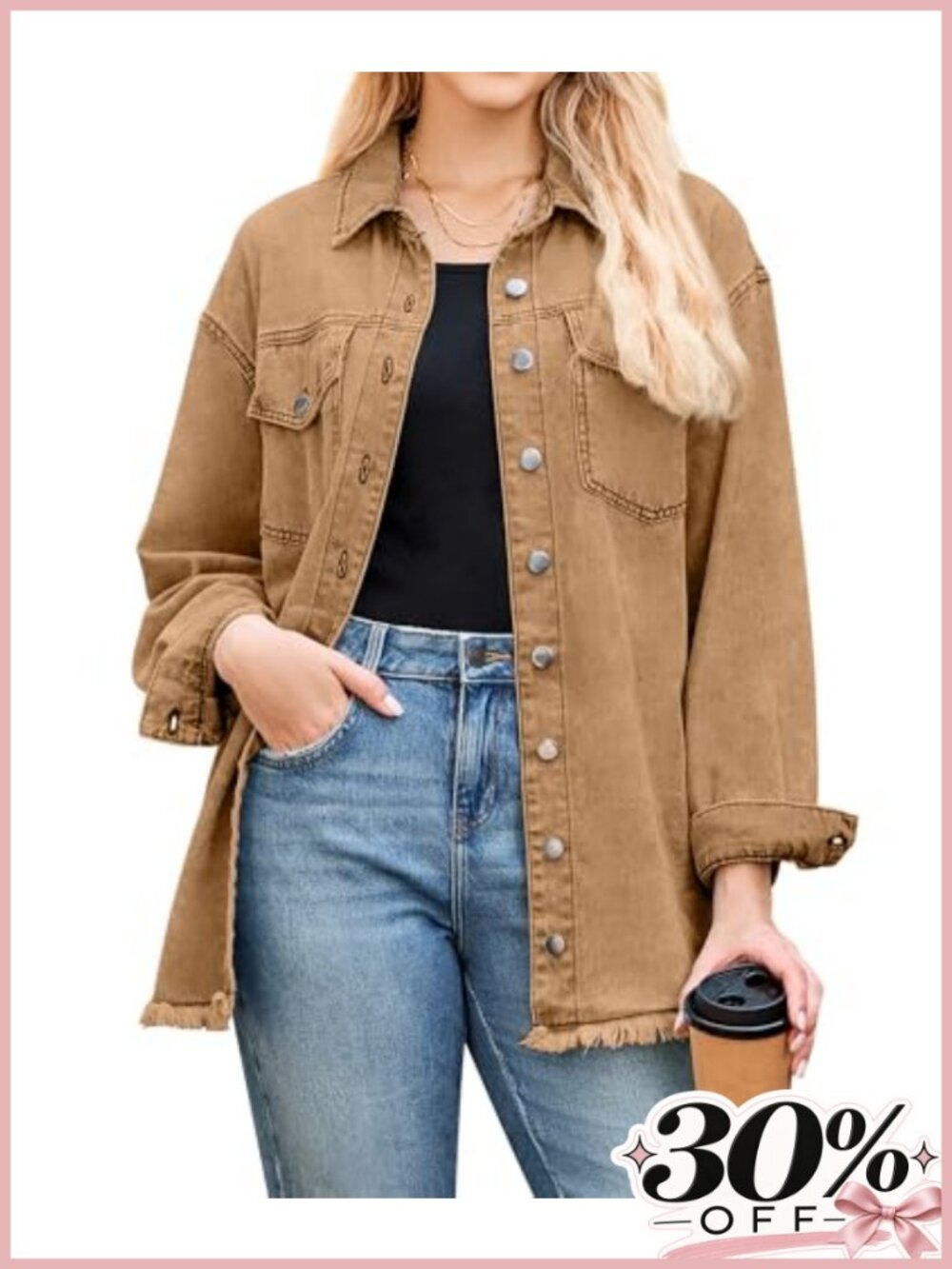 Oversized Denim Shacket Frayed Hem Button Down Jacket